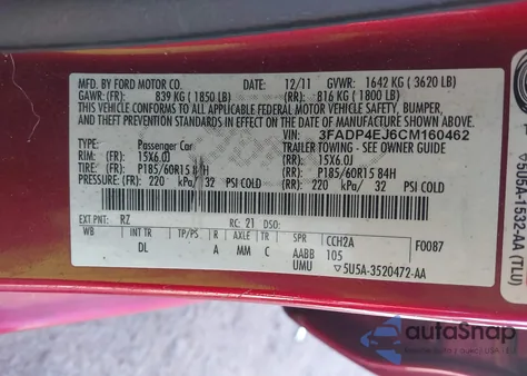 2012 Ford Fiesta Se из США, поврежденный, VIN 3FADP4EJ6CM160462